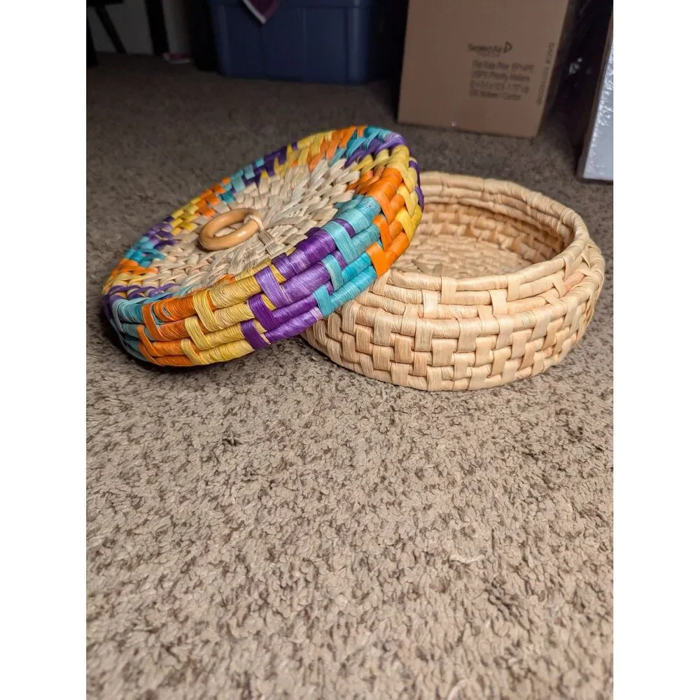 Handwoven Boho Straw Basket with Lid Colorful Raffia Wooden Ring Handle